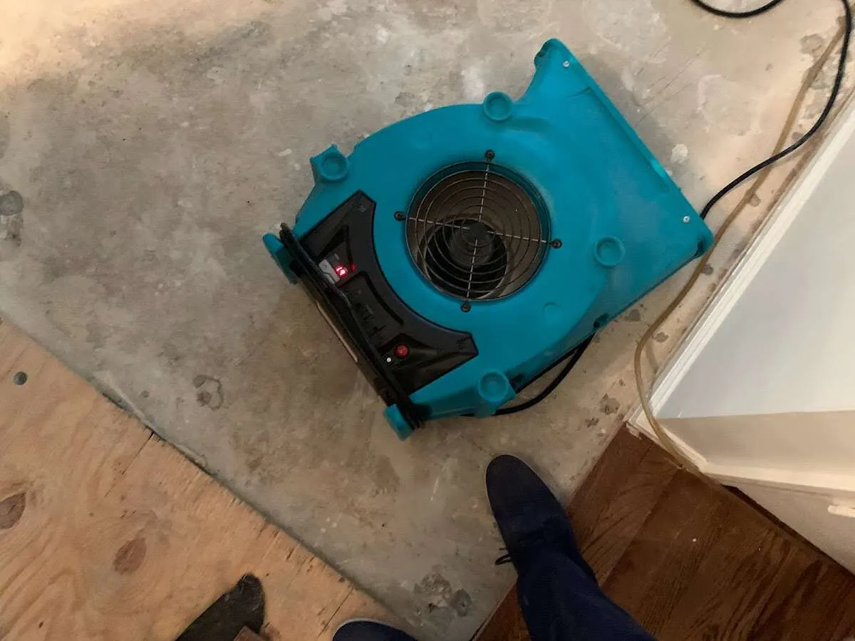 Air mover drying subfloor during Leak Detection & Repair in Kasson
